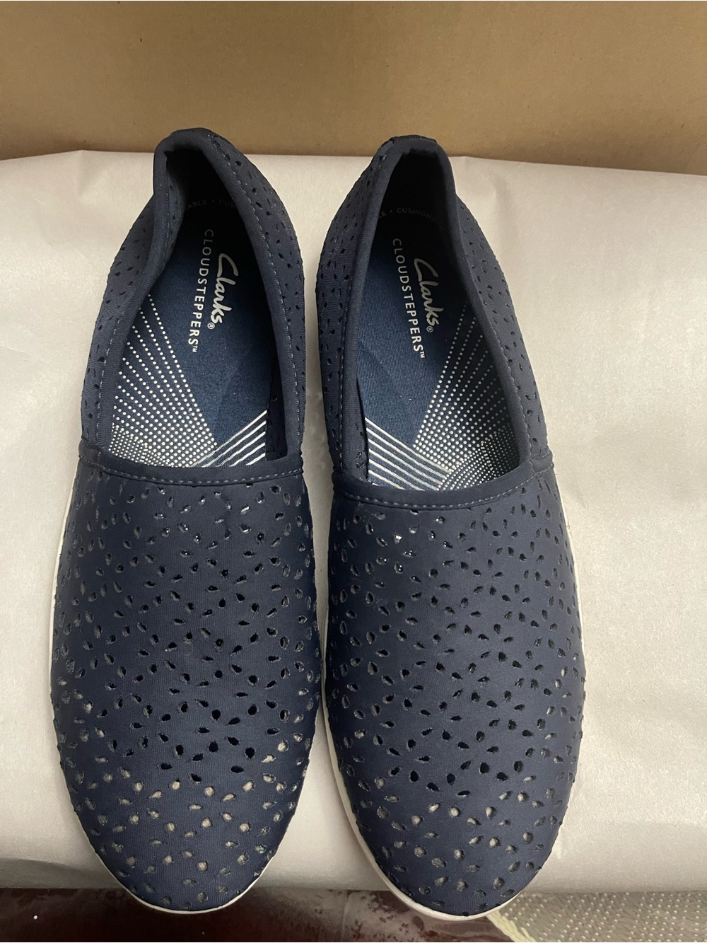 Clarks Navy Perforated Slip-On Loafers for women’s size 8.5
